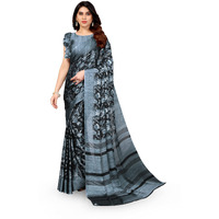 MIRCHI FASHION Womens Chiffon Floral Printed Saree with Blouse Piece (Black, Greyish Blue)