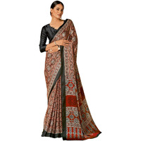 AKHILAM Womens Brown Digital Print Satin Crepe Saree With Unstitched Blouse Piece