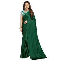 FLORESTA FASHION Women Soft Satin Silk Plain Saree With Art Silk Digital Printed Unstiched Blouse Piece.(Heavy Japan Satin Silk Saree of 5.5m saree length + 0.8m blouse piece) (GREEN)