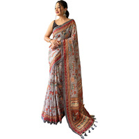 SGF11- Womens Cotton Linen Kalamkari Silk Printed Saree With Blouse Pieces (Light Gray)