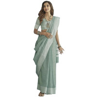 SIRIL Womens Self Woven, Jacquard Border Cotton Saree with Unstitched Blouse(3095S734_Light Green, White)