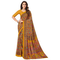SIRIL Womens Printed Silk Crepe Saree with Unstitched Blouse Piece(2400S1071_Turmeric Yellow & Multi)