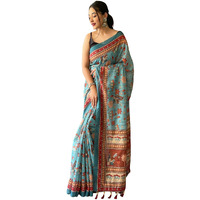 SGF11- Womens Cotton Linen Kalamkari Silk Printed Saree With Blouse Pieces (Blue)
