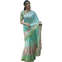 J Enterprise Womens Pure Soft Linen Cotton Banarasi Silk Saree Pattu For Women Kanjivaram Sarees Latest Party Design Wear Wedding Sadi With Blouse Piece 2023 2024 Ready To New (FlowerJaal) (Rama)