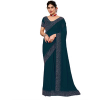 SIRIL Womens Hot Fixing Georgette Saree with Unstitched Blouse Piece (3320S156_Teal Blue)