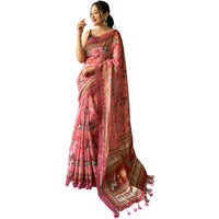 SGF11- Womens Cotton Linen Kalamkari Silk Printed Saree With Blouse Pieces (Pink)