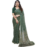 MIRCHI FASHION Womens Chiffon Foil Work Chevron Printed Saree with Blouse Piece (41653-Dark Green, Beige, Golden)