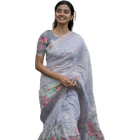 J Enterprise Womens Pure Soft Linen Cotton Banarasi Silk Saree Pattu For Women Kanjivaram Sarees Latest Party Design Wear Wedding Sadi With Blouse Piece 2023 2024 Ready To New (FlowerJaal) (Grey)