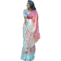 J Enterprise Womens Pure Soft Linen Cotton Banarasi Silk Saree Pattu For Women Kanjivaram Sarees Latest Party Design Wear Wedding Sadi With Blouse Piece 2023 2024 Ready To New (FlowerJaal) (Blue)