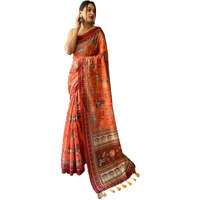SGF11- Womens Cotton Linen Kalamkari Silk Printed Saree With Blouse Pieces (Orange)