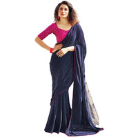 SIRIL Womens Georgette Sequence Work Saree With Unstitched Blouse Piece (3475S708A_Navy Blue)
