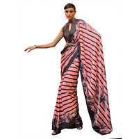 AKHILAM Womens Striped Crepe Printed Saree With Unstitched Blouse Piece (Pink_KLZE246001_RJ)