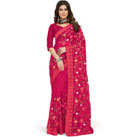 Jaanvi fashion Womens Floral Embroidery Work Net Silk Saree with Lace Border & Blouse Piece (mm-realme-pink)