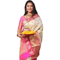AMIRAT Clothing Womens Banarasi Wedding Designer Litchi Silk Saree With Unstiched Blouse Peice (White)