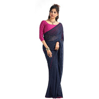 SIRIL Womens Georgette Sequence Work Saree With Unstitched Blouse Piece (3475S708_Navy Blue)
