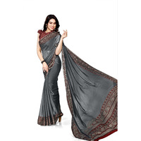 SOURBH Womens Plain Weave Chiffon Contrast Border Printed Saree with Blouse Piece (35233-Grey, Maroon)