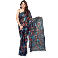 MIRCHI FASHION Womens Plain Weave Chiffon Floral Printed Saree with Blouse Piece (38691-Black, Red)
