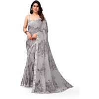 MIRCHI FASHION Womens Plain Weave Chiffon Floral Printed Foil Work Saree with Blouse Piece (36643-Grey)
