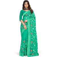 Jaanvi fashion Womens Floral Embroidery Work Net Silk Saree with Lace Border & Blouse Piece (mm-realme-dark-green)