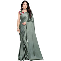 DHYANOM womens Soft Olive Green Satin Silk Plain Saree with Art Silk Digital Printed Unstiched Designer Blouse
