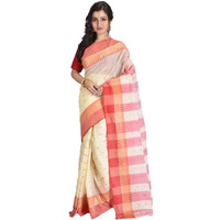 Raj Sarees Womens Traditional Pure Cotton Bengali Handloom Tant Saree - Without Blouse Piece(Off-White & Red) (Off-White & Red)