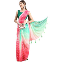 RANI SAAHIBA Womens Chiffon Lehriya Printed Saree Without Blouse (SSKR9118_Green-Pink)