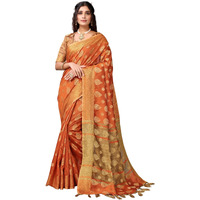 SIRIL Womens Tassel & Jacquard Cotton Silk Saree with Unstitched Blouse Piece(2497S3014_Orange2)