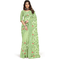 Jaanvi fashion Womens Floral Embroidery Work Net Silk Saree with Lace Border & Blouse Piece (mm-realme-green)