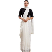 Silk Icon Women Linen Snow White Saree With Plain Zari Border Running Blouse Piece