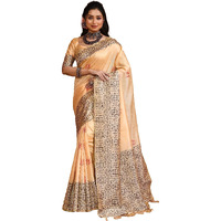 NK Textiles Womens Warli/Tribal Design Thread Woven Handloom Raw Silk Saree With Tassels (20 Designs & Colors), Golden