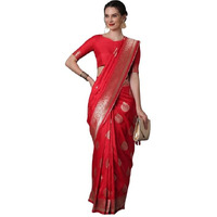 Leriya Fashion Womens Present Banarasi Soft Lichi Silk Saree | Jacquard Rich Pallu Design | Golden saree for women | Cotton silk saree for women (Red)