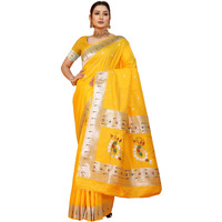 SGF11 Womens Paithani Kanjivaram Pure Silk Handloom Saree Pure Silver Zari With Blouse Piece (Yellow)
