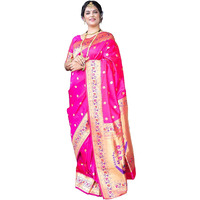 SGF11 Womens Paithani Kanjivaram Pure Soft Silk Handloom Saree Pure Golden Zari With Blouse Piece (Pink)