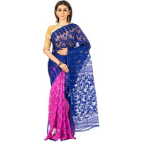 DURGA HANDLOOMS Womens Dhakai Jamdani Silk Saree (Royal Blue)