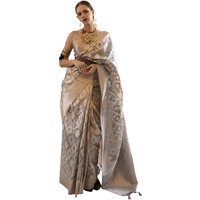 AKHILAM Womens Geometric Tissue Woven Design Saree With Unstitched Blouse Piece (Grey_KALKITS312005_RJ)