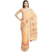 AKHILAM Womens Linen Geometric Saree With Unstitched Boluse Piece(Peach_KHNA83001)