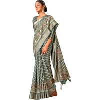 AKHILAM Womens Grey Printed Dola Silk Saree With Unstitched Blouse Piece