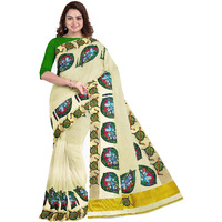 mylooms Womens Kuthampully Kerala Kasavu Saree with Running Blouse Tissue Cotton Mural Painted (Green Alila Krishna)