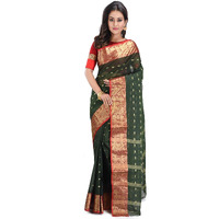 RAJ SAREE HOUSE Womens Pure Cotton Traditional Bengali Tant Saree without Blouse Piece - (Bottle Green)