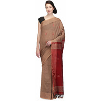 THE WEAVE TRAVELLER Handloom Hand Woven Cotton Saree for Women with Attached Blouses and Pom Pom Edgings (Brown Maroon)