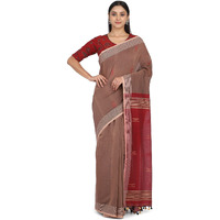 THE WEAVE TRAVELLER Handloom Hand Woven Cotton Saree for Women with Attached Blouses and Pom Pom Edgings (Bronze)
