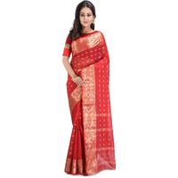 RAJ SAREE HOUSE Womens Traditional Pure Cotton Bengali Handloom Tant Saree without Blouse Piece - Red