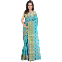 RAJ SAREE HOUSE Womens Traditional Pure Cotton Bengali Handloom Tant Saree without Blouse Piece - (C-Green)