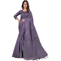 Pujia Mills Womens Beautiful Sequins Weaving With Golden And Silver Zari Banarasi Jacquard Saree (Malti African Purple)
