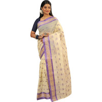 RAJ SAREE HOUSE Womens Traditional Pure Cotton Bengali Handloom Tant Saree (Without Blouse Piece)- Off White and Purple