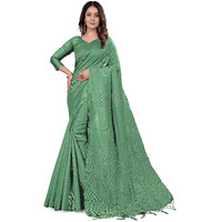Pujia Mills Womens Beautiful Sequins Weaving With Golden And Silver Zari Banarasi Jacquard Saree (Malti Pista)