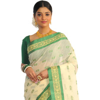 RAJ SAREE HOUSE Womens Traditional Pure Cotton Bengali Handloom Tant Saree (Without Blouse Piece)- Off White and Green