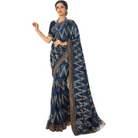 Shruhad  Womens Kanjivaram Silk Printed Saree in Blue Color with Jacquard Lace Border & Blouse Piece (Saree Length 6.3 Mtr) (BLUE)