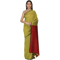 THE WEAVE TRAVELLER Handloom Hand Woven Maroon Cotton Saree With Attached Blouse(TWT_C_KHAKHIGRN_35, Khakhi Green)