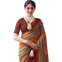 SIRIL Womens Georgette Printed Zari Stripe Saree With Unstitched Blouse Piece (3498S724_Rust Brown)